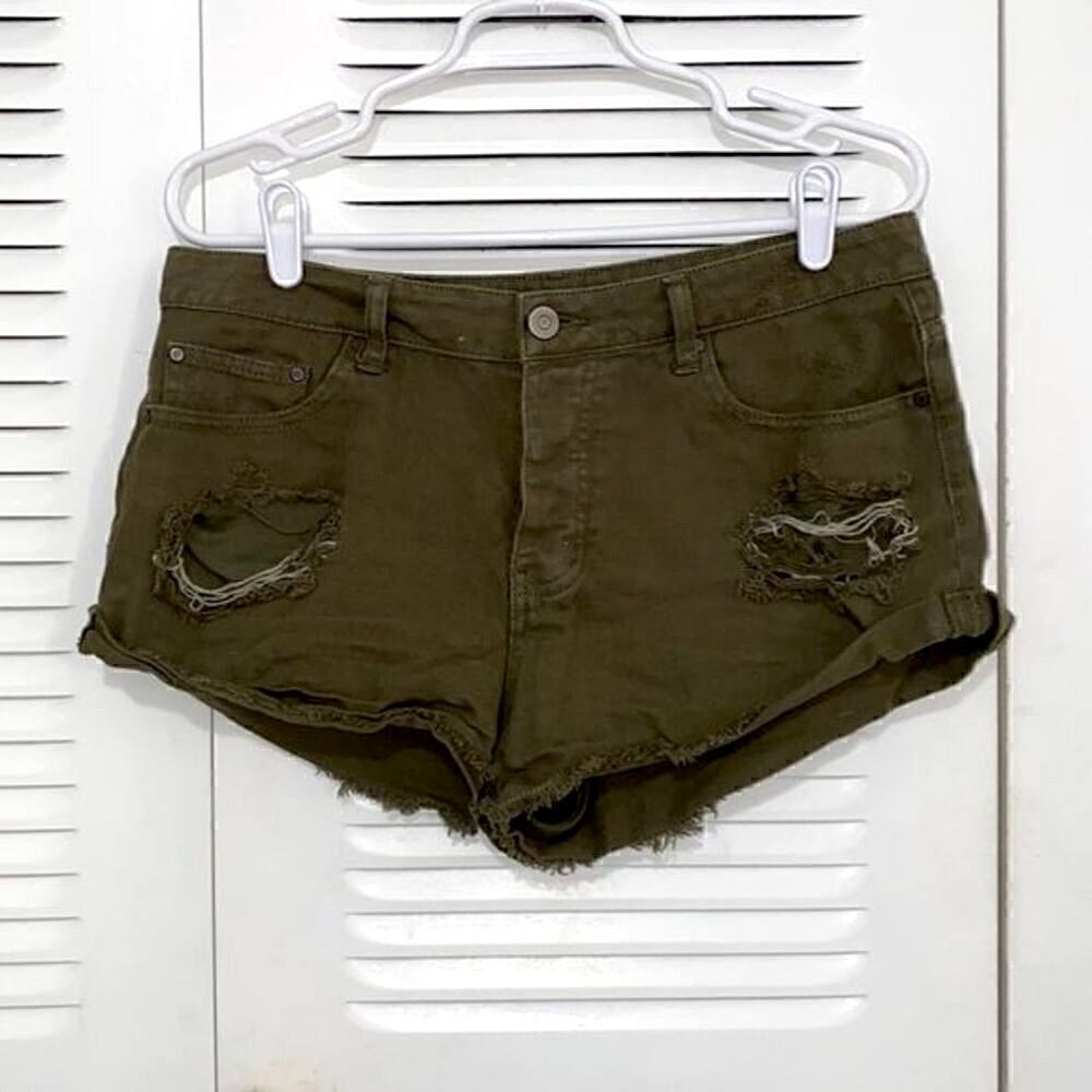 Button Fly Cut-Offs Jean Shorts Denim Olive Green Army 28